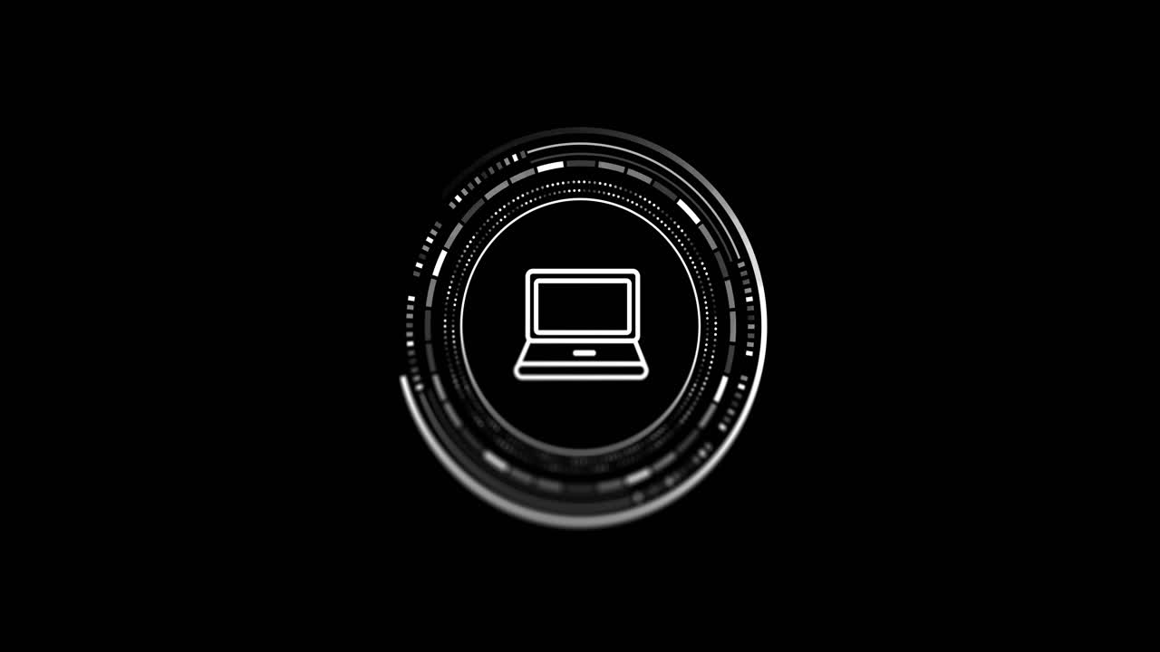 Animation of scope with laptop icon and data processing over black background