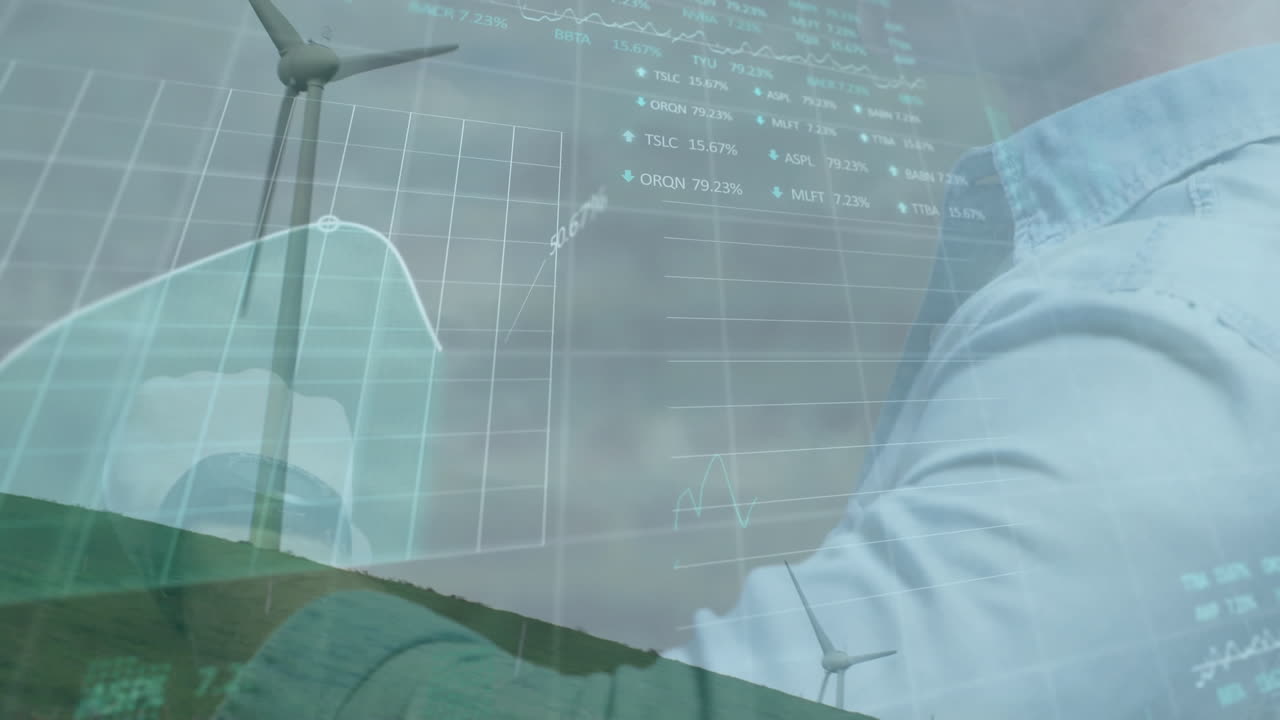 스마트워치를 사용하는 사람을 상대로 회전하는 풍차를 통해 주식 시장 데이터 처리의 애니메이션