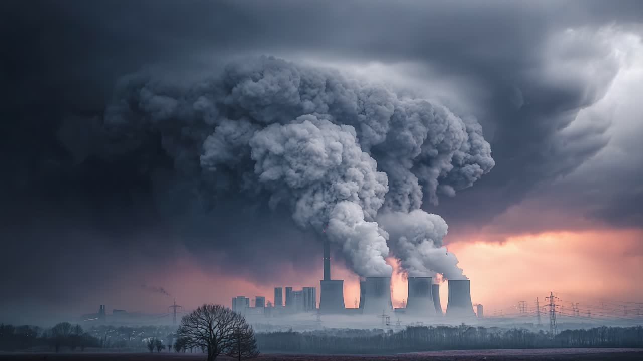 Dramatic Transformation of an Industrial Landscape with Thick Smoke Emissions Emanating from Power Plants Under Heavy Cloud Cover at Sunset