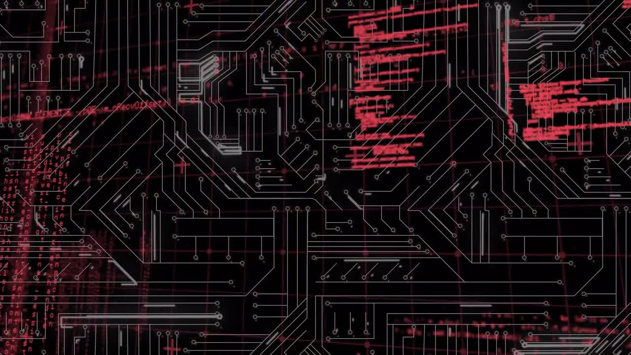 animación del procesamiento de datos sobre un circuito integrado en espacio rojo y negro