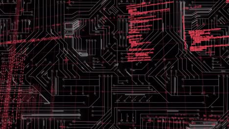 animación del procesamiento de datos sobre un circuito integrado en espacio rojo y negro
