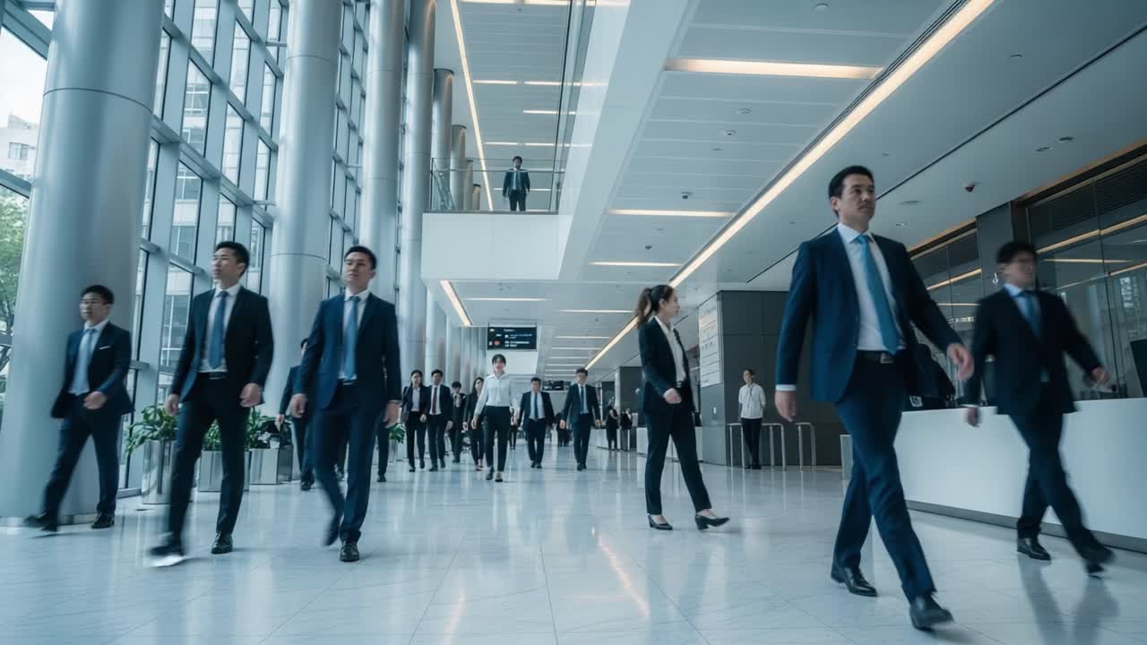 Business Professionals Walking Through a Modern Corporate Office Lobby