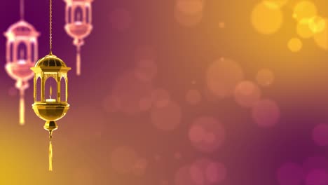 tarjeta de felicitación de ramadán llama ardiente, linternas blancas ornamentales fondo de celebración árabe.