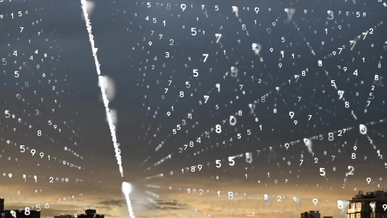 Animation of data processing over cityscape background