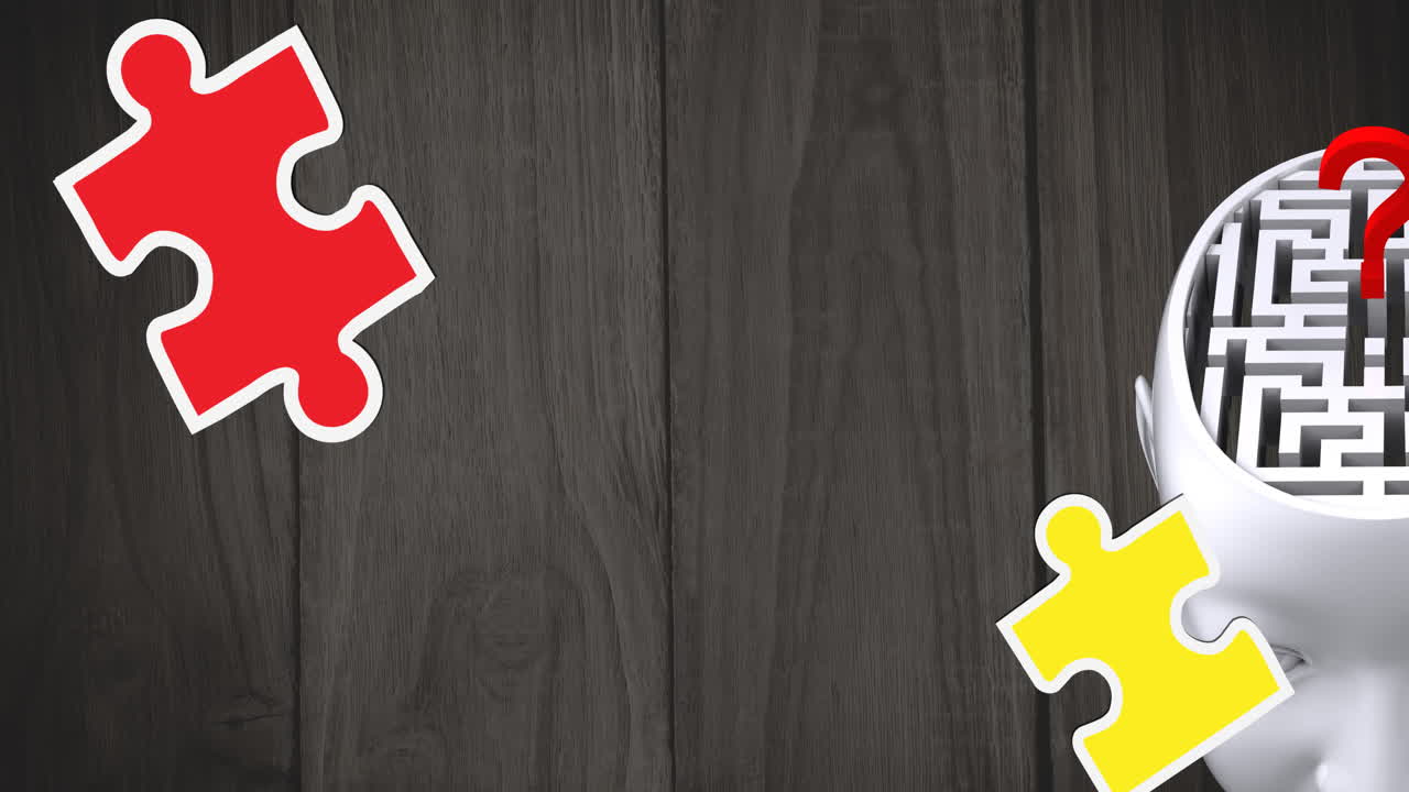 animación de piezas de rompecabezas verdes, amarillas y rojas que caen sobre el modelo de cabeza humana con laberinto