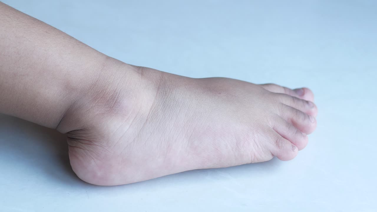 침대에 마른 아이 발을 닫습니다