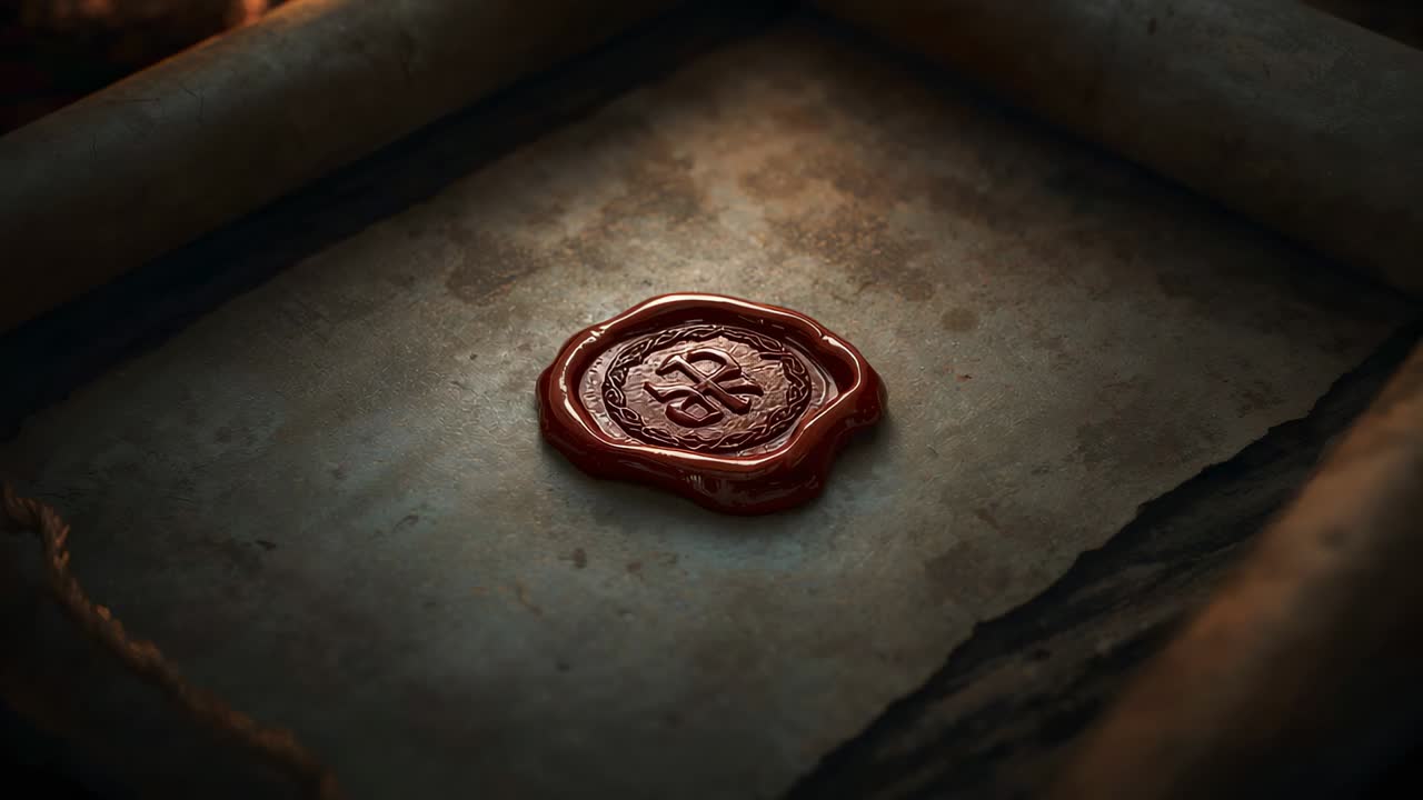 Visualizzazione di sigillo in cera rossa centrato che si raffredda dopo aver premuto su un vassoio di legno poco profondo, con pergamena antica