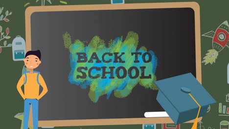 animation of back to school text on blackboard over school items icons on green background