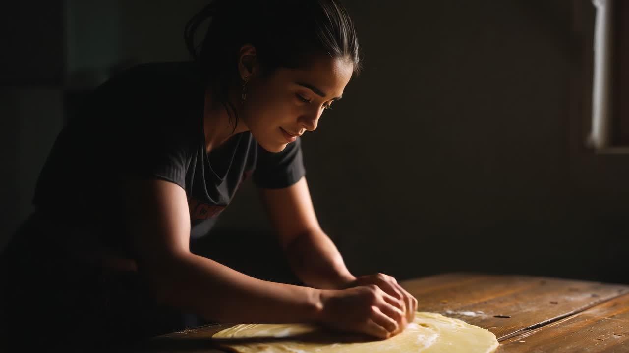 Leaning cook in dark T-shirt pressing and flattening dough for baking on wooden table, window light