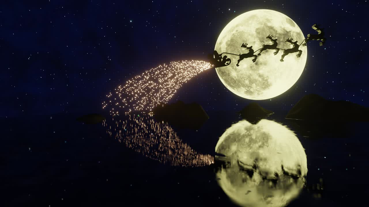 크리스마스 밤, 산타가 매를 타고, 마법의 불꽃이 있는 사.
