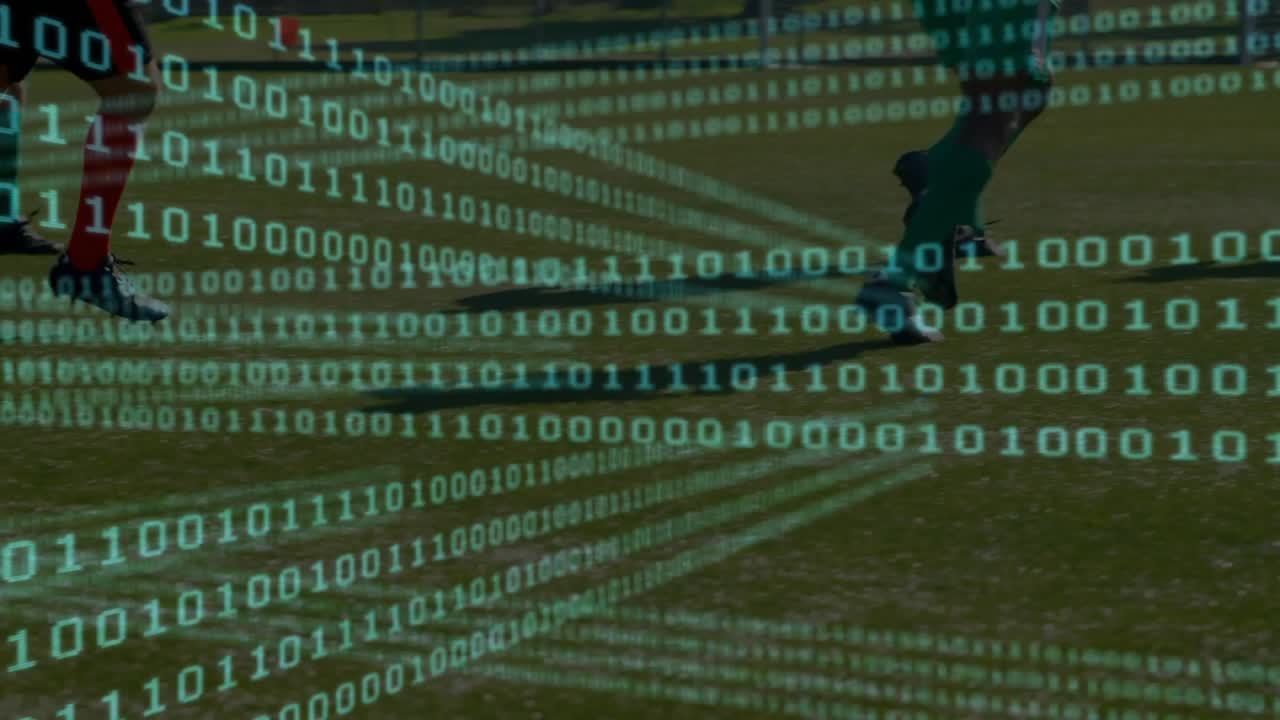 Sports analytics binary overlay scanning unveiling attacker dribbling past defender toward goal