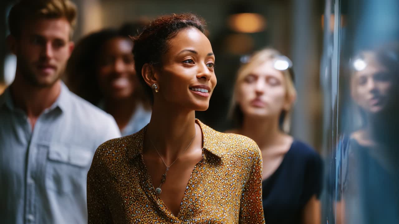 A confident woman walks through a bustling urban environment surrounded by diverse individuals, exhibiting a strong sense of purpose and style as she navigates the environment with grace and poise