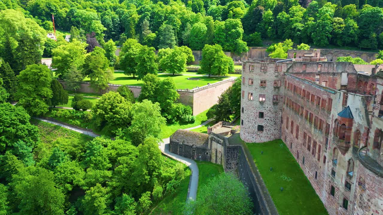4K Aerial Drone Video of Ruins and Gardens of the Historic Castle on Königstuhl Hill overlooking Heidelberg, Germany