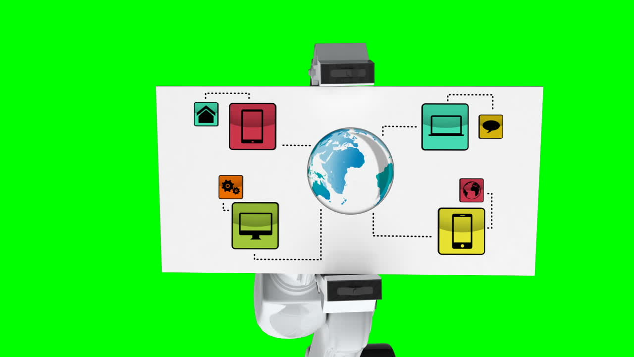 Digitally generated video of white robotic arm holding card with networking icon