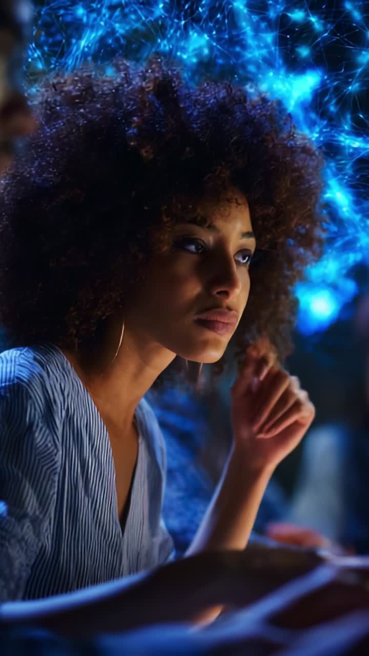 Contemplative moment of a young woman with curly hair, immersed in a world of creativity and inspiration, with a stunning backdrop of light and cosmic elements