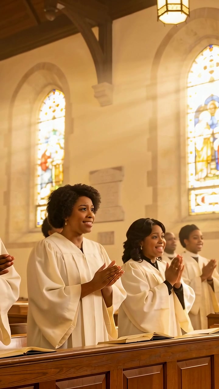 Vertical video: Music starting choir in robes singing, clapping with hymnals in church for worship