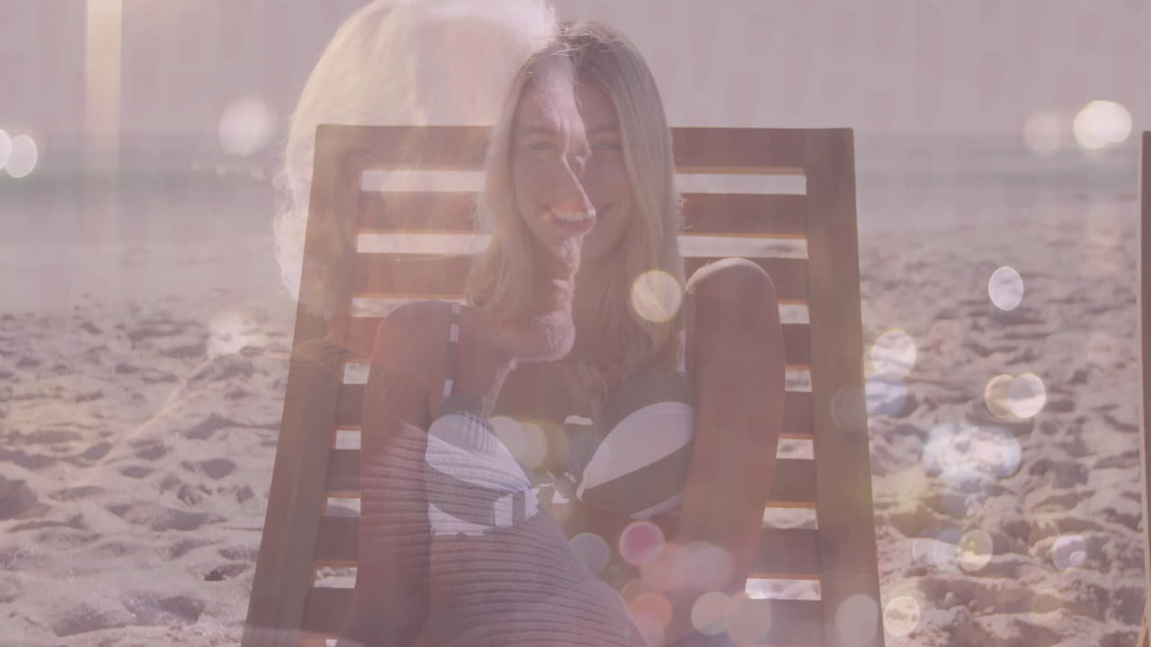 Relaxing on beach chair, woman enjoying animation of bokeh light effects