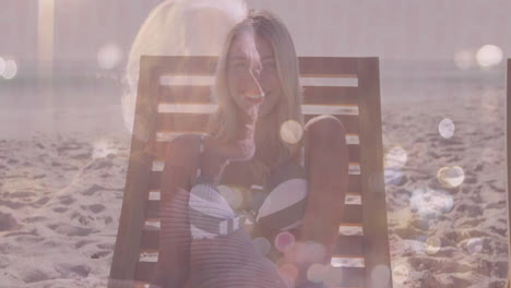 relaxing on beach chair, woman enjoying animation of bokeh light effects