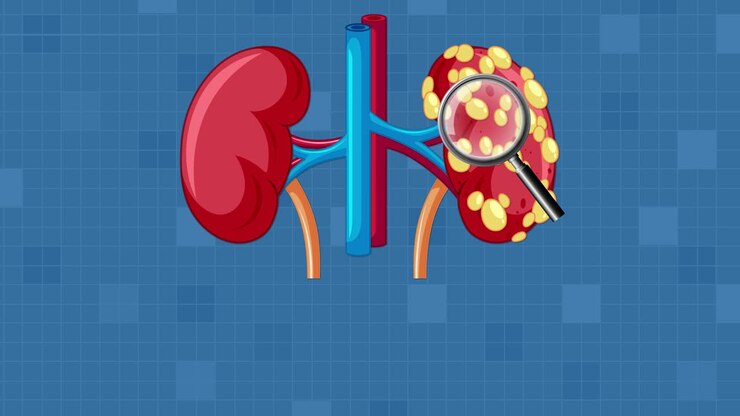 Animated sequence shows kidney cancer development from healthy cells to tumor growth, with clear visuals