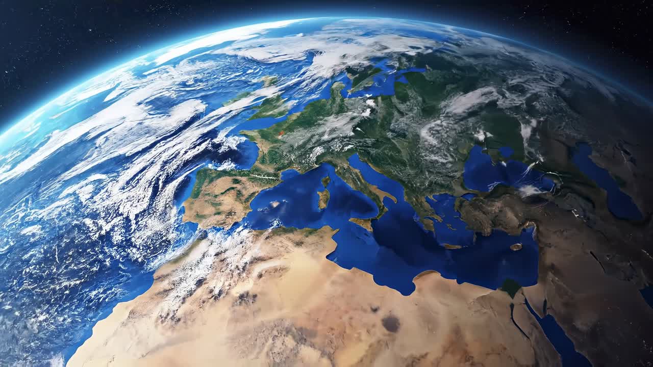 Uzaydan görünen kıtalar ve şehir ışıklarıyla dönen Dünya.