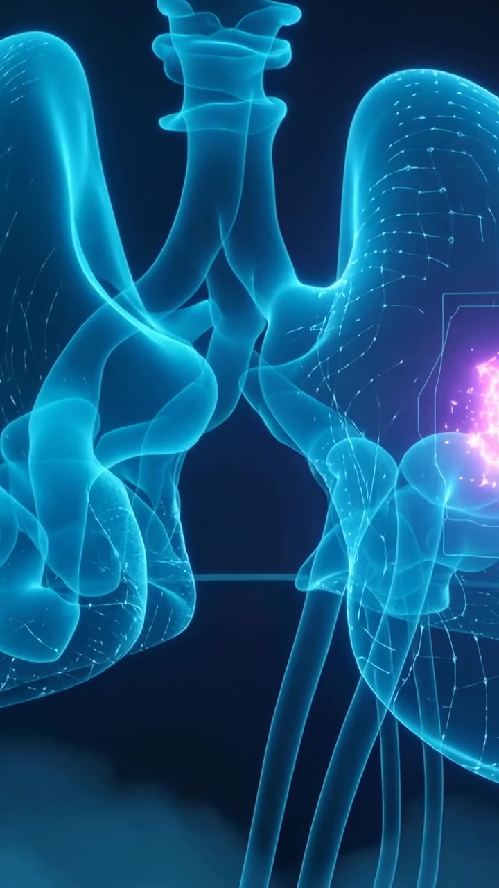 Vertical video: Animating pelvic scan showing kidneys ureter on navy after purple cluster pulsing