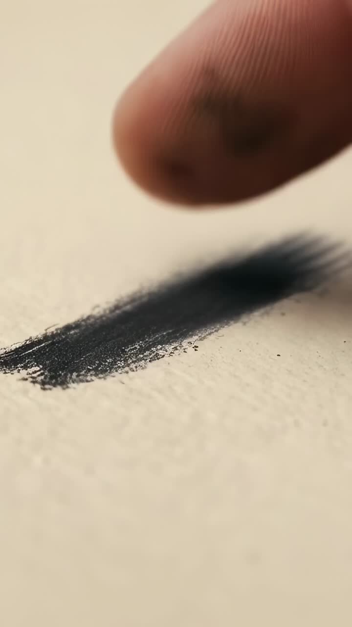 Vertical video: Pressing fingertip after touch blending dark pigment on beige paper to soften edges