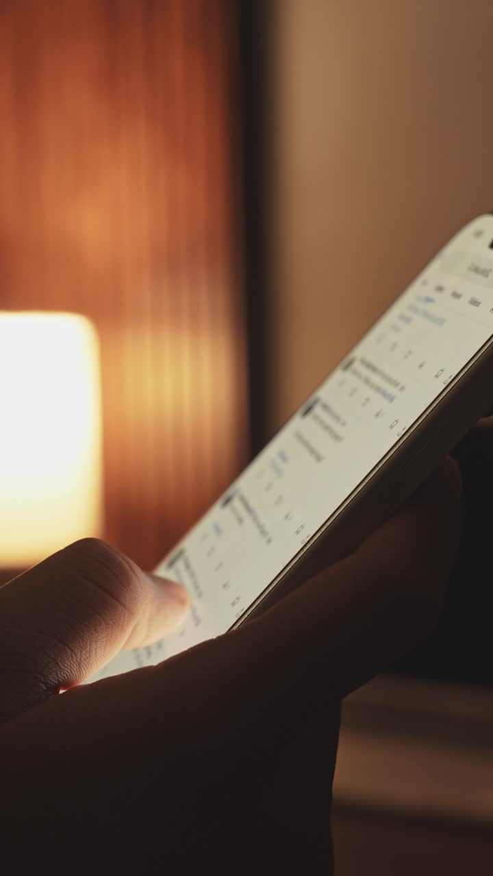 Hand holding smartphone and scrolling social media feed in dark room with desk on background, illuminated by warm tone light. Digital addiction and mindless content consuming