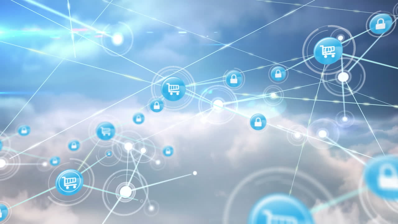 하늘 위의 아이콘으로 연결 네트워크의 애니메이션