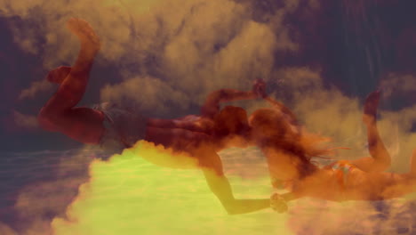 animation of a happy couple swimming, kissing by seaside with orange clouds.