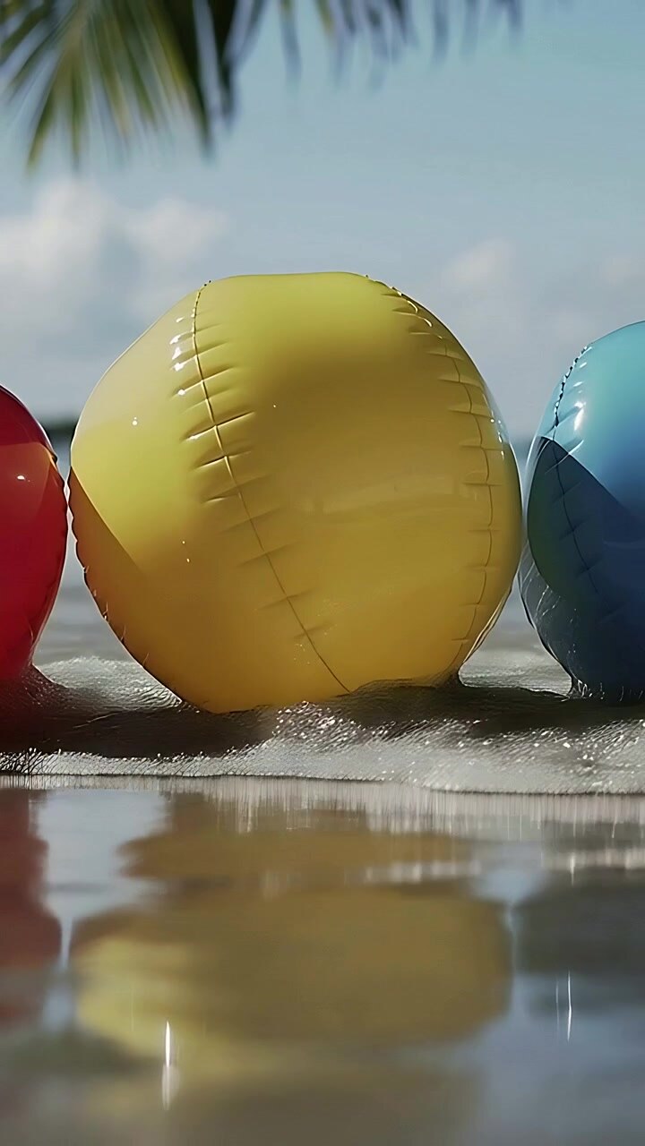 Vertical video: Incoming wave pushing yellow ball, tilting on wet sand shore with three balls