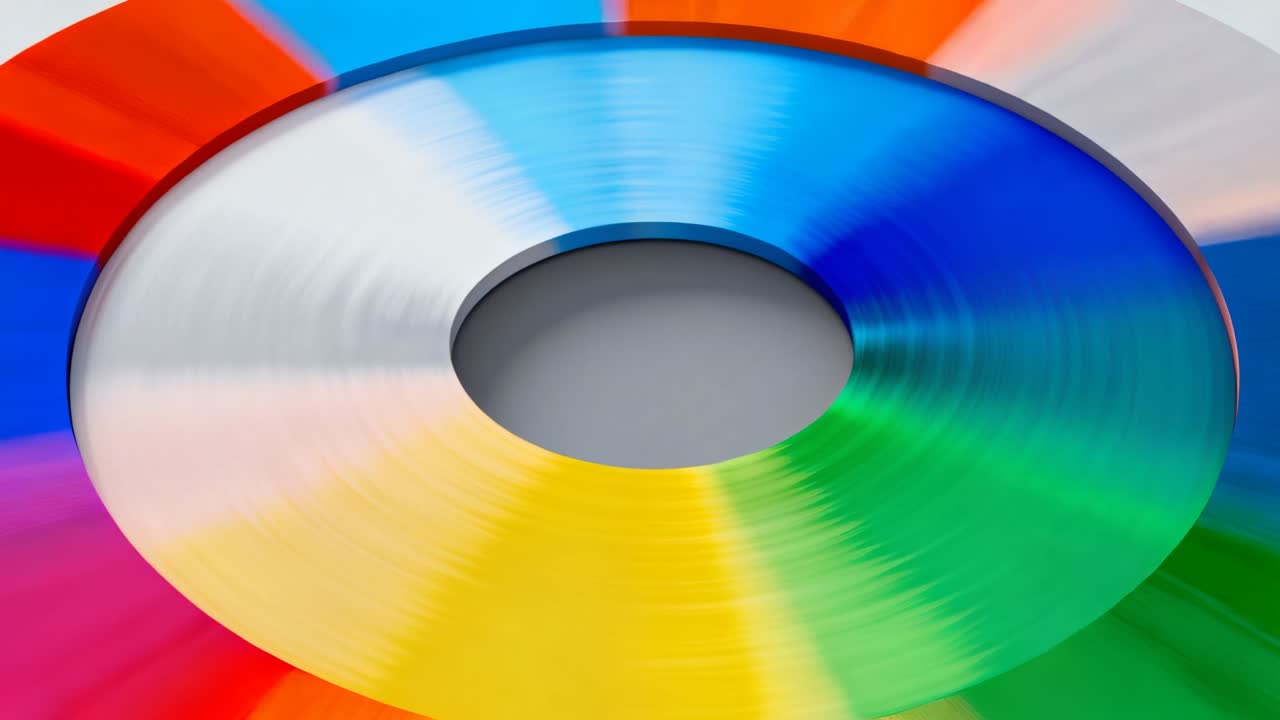Rotating color wheel showing red blue green segments, brushed silver ring, central hole in studio