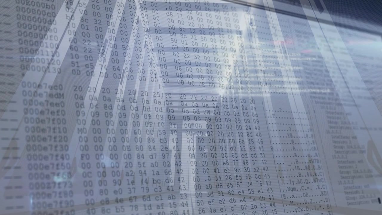 Data center aisle staying static after one sec overlay appearing rising into hex grid showing data