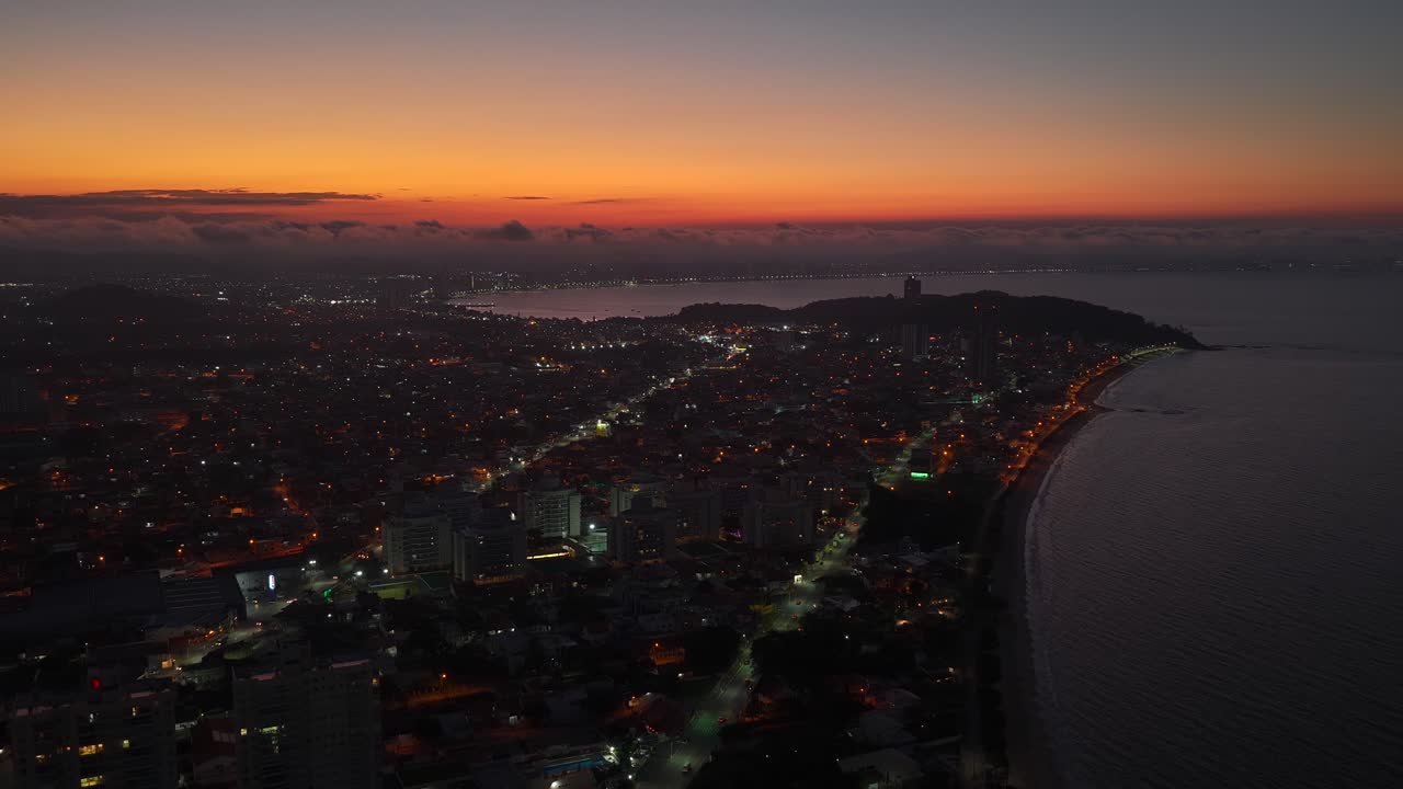 Drone aerial of Penha and Balneário Piçarras coastline at sunset in Santa Catarina, Brazil