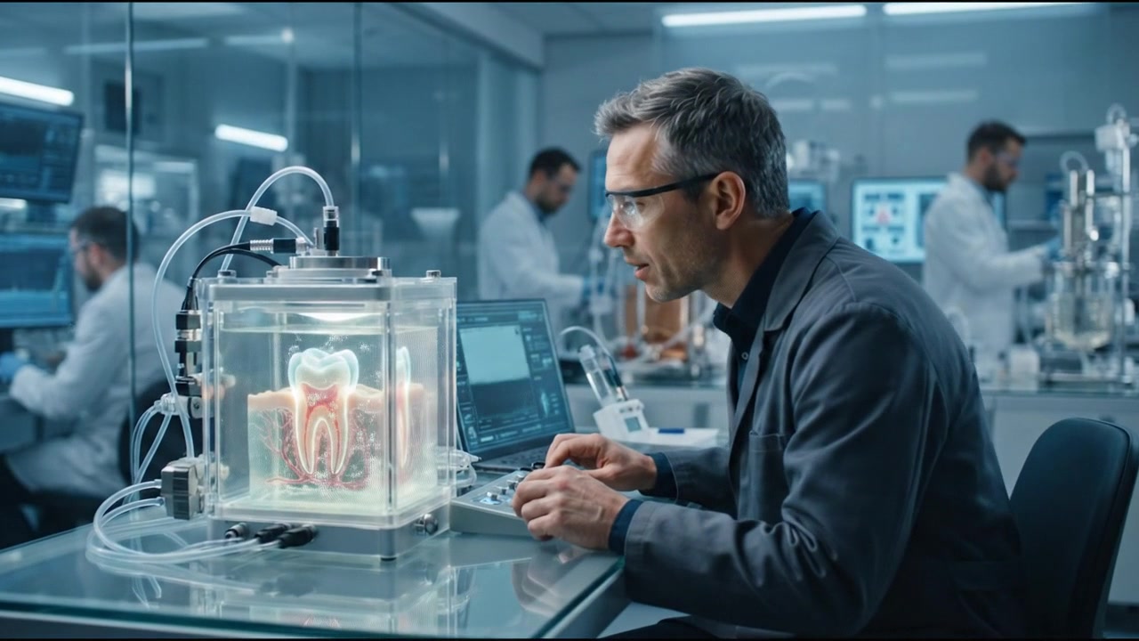 Scientist operating digital dental research equipment in a modern lab with advanced digital monitoring and analysis
