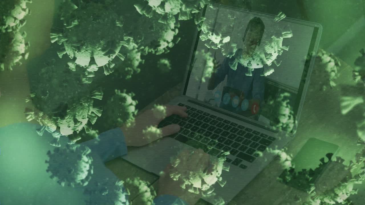 animação de células de covid-19 sobre empresário na tela do laptop