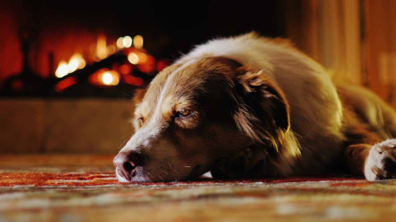 un lindo perro durmiendo en una casa acogedora cerca de la chimenea