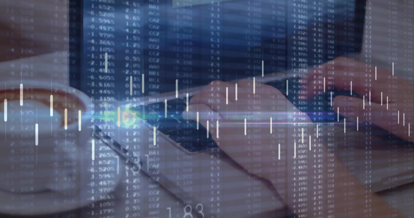 Animation of financial data over caucasian woman using laptop