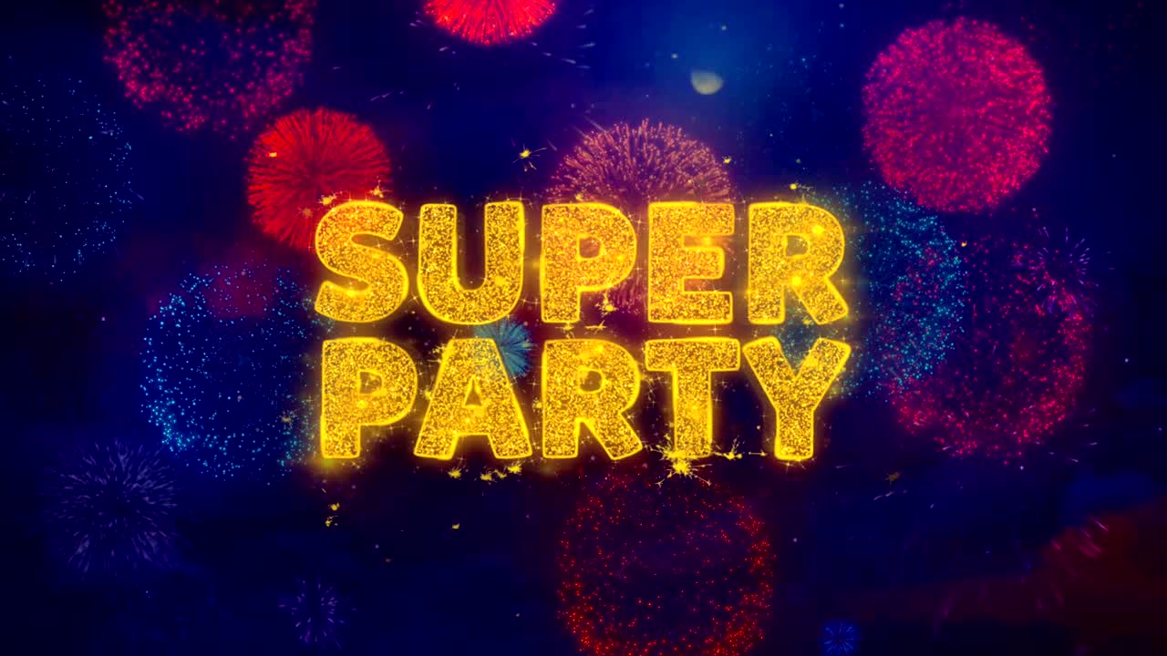 Super fest tekst på farverige fyrværkeri eksplosionspartikler