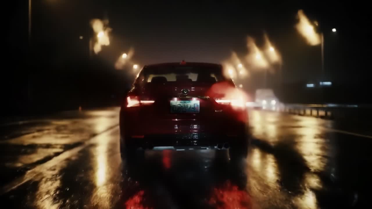 Un sereno viaggio notturno: catturare la calma e la bellezza riflessiva delle strade piovose con le luci delle auto che scintillano sulle pozzanghere in lontananza