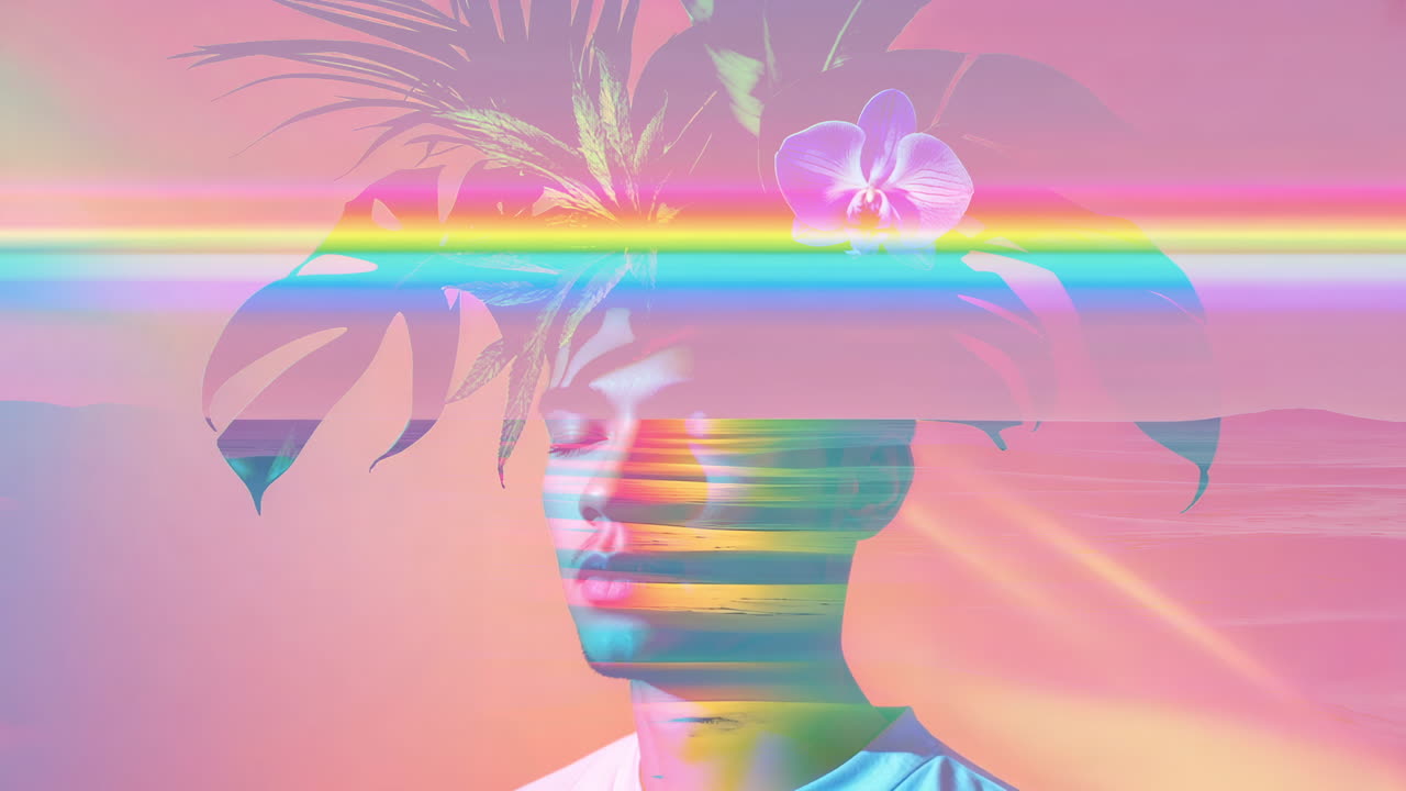 Surreal Portrait of Man with Tropical Plants and Rainbow Glitch Effect