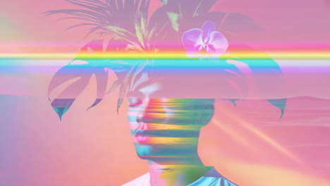 surreal portrait of man with tropical plants and rainbow glitch effect
