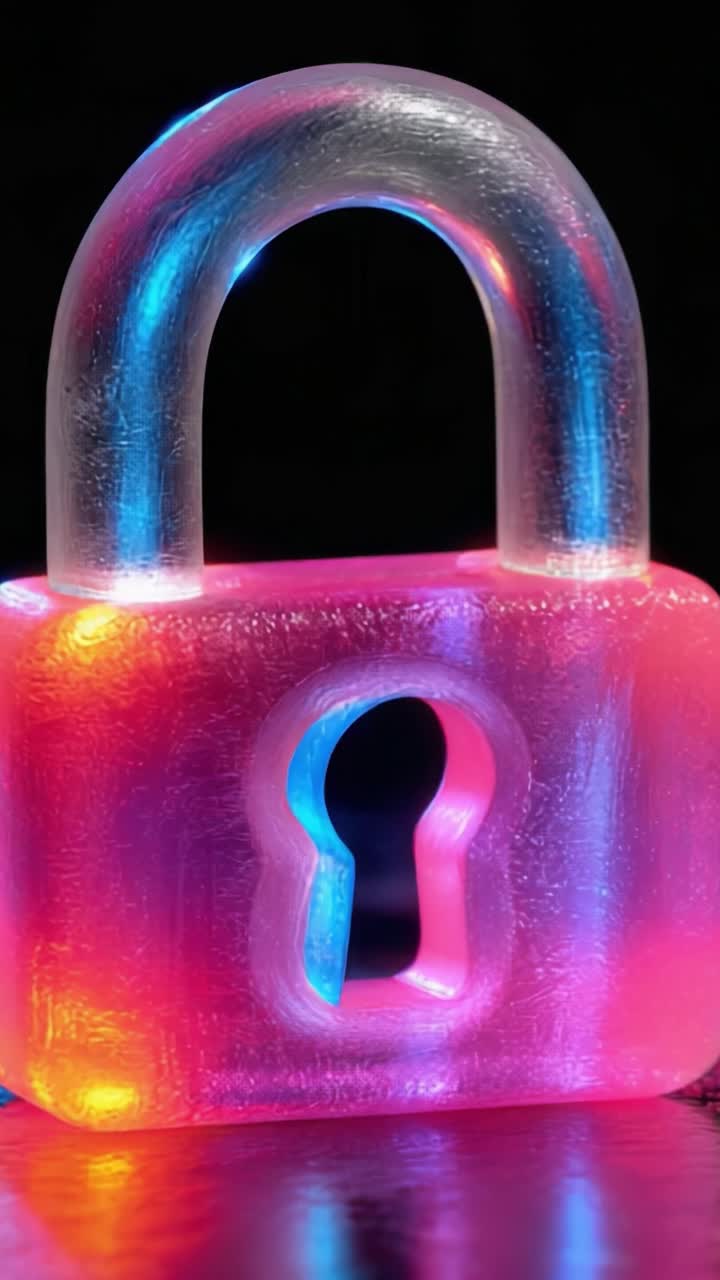 Un lucchetto trasparente illuminato in modo vivace, con un design luminoso con diverse luci colorate che ne evidenziano la struttura e il foro della serratura