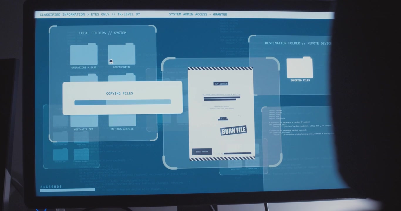 Top secret classified computer files and documents copying onto remote server by hacker or spy in cyber security breach of government system data center archive. Dark web night scene screen monitor