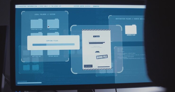 Top secret classified computer files and documents copying onto remote server by hacker or spy in cyber security breach of government system data center archive. Dark web night scene screen monitor