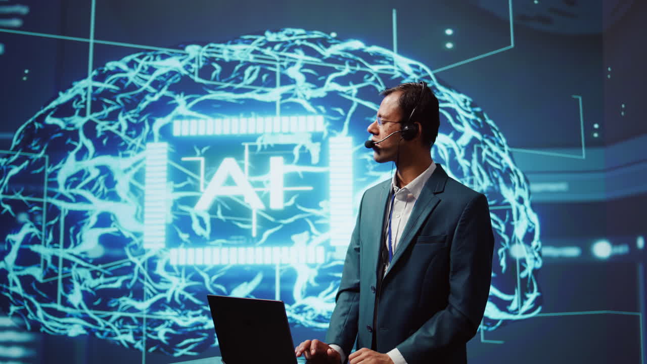 Speaker talking with audience during remote call online AI webinar