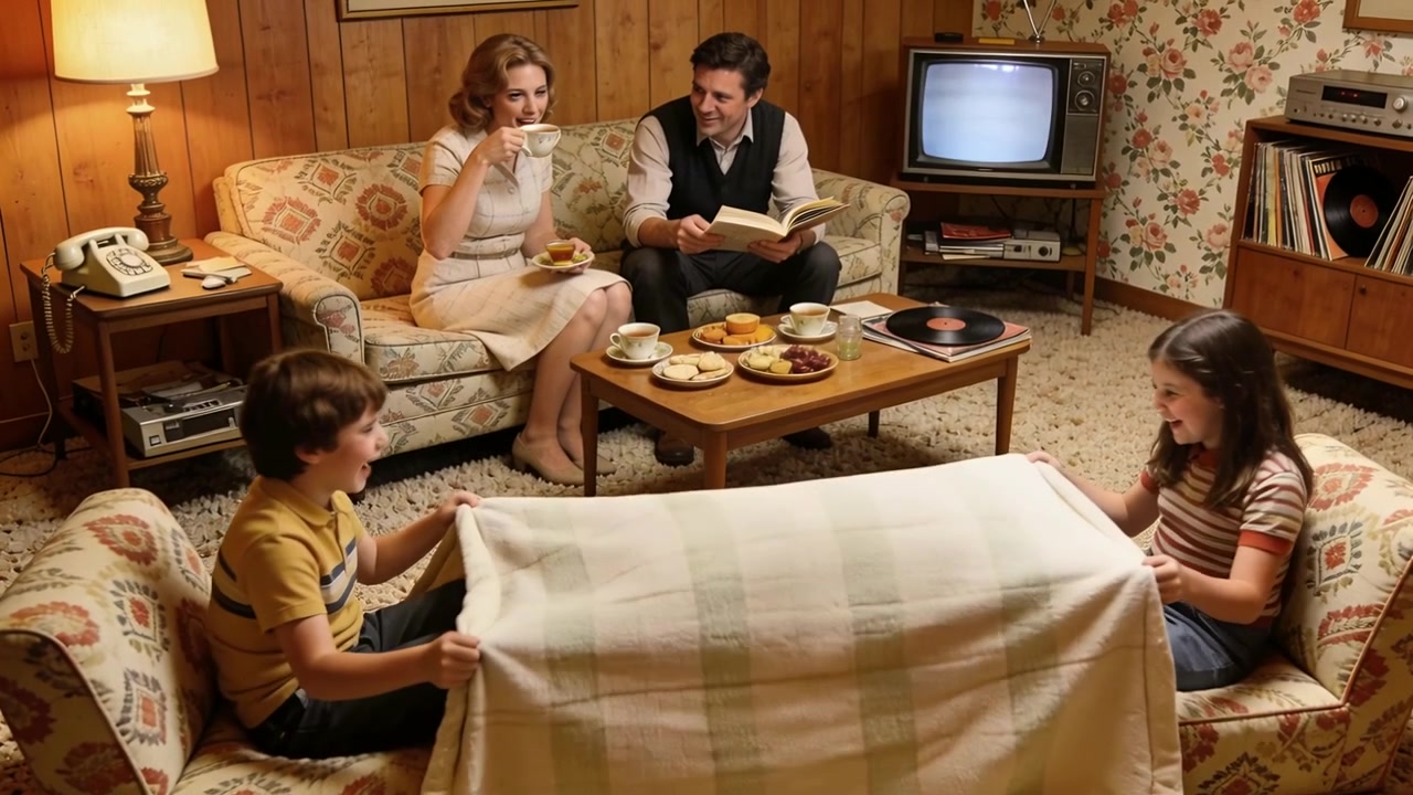 Raising blanket, children exchanging looks and playing tugging on rug in retro room