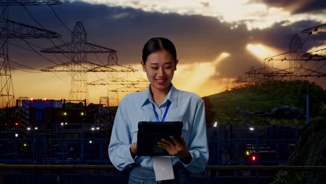asian female professional worker standing with her tablet near high voltage tower, industrial facility, work continuously with her tablet