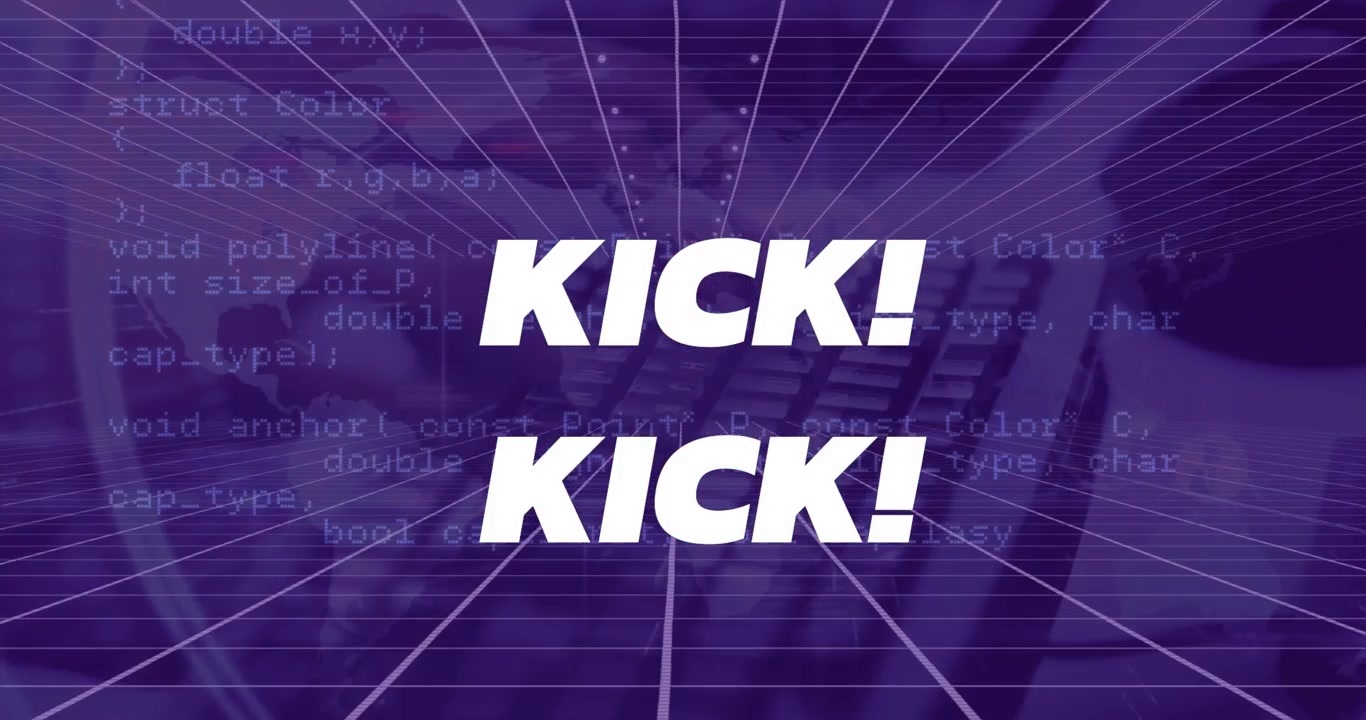 Animazione del testo "kick" e elaborazione dati su mani che digitano sulla tastiera