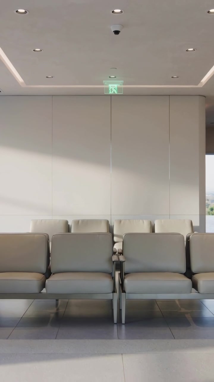 Video verticale: Telecamera che panoramica mostrando sedie collegate nella hall per rivelare il cartello dell'uscita e la luce esterna.