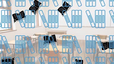 animación de cuadernos flotantes y libros que caen sobre el aula